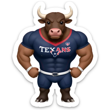 Houston texans black bull, wearing a texans jersey, with a union jack flag behing sticker