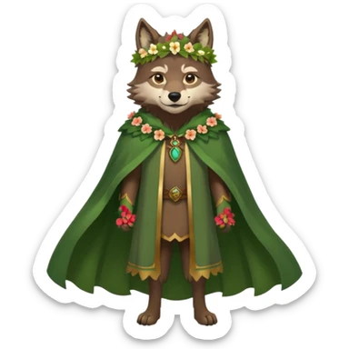 wolf dressed as a druid, flower crown, green cape, full body icon sticker