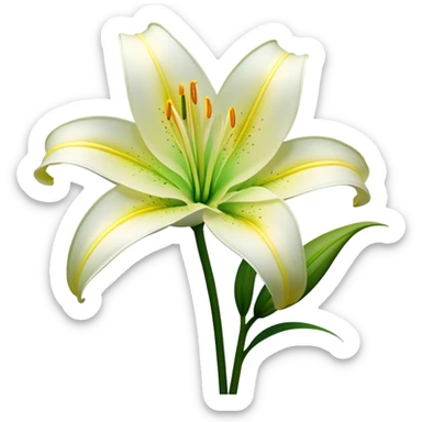 Cinematic Realistic Lily Emoji, Elegant and fragrant, with soft, white petals curling delicately around a golden-yellow stamen at its center. The long, slender green stem stands tall, supporting the vibrant bloom with its slightly curled tips. Soft glowing outline, capturing the essence of purity, elegance, and grace in a striking lily. sticker