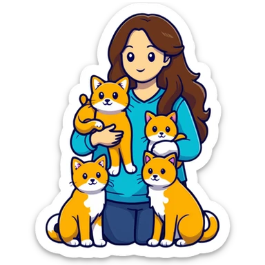 Beautiful woman with long brown hair holding a golden retriever and three cats sticker