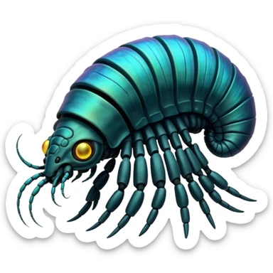 An iridescent, chitinous trilobite with glowing cyan eyes pulses rhythmically as a miniature black hole orbits its brow, distorting space-time. Its fractal-patterned exoskeleton shifts colors unsettlingly, and its mouth opens into a spiraling void that hums with forgotten whispers. sticker