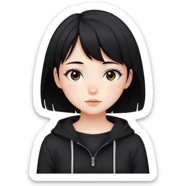 Cute anime girl in dark tones with a blushing face and freckles, with short black hair, and a dark trend style sticker
