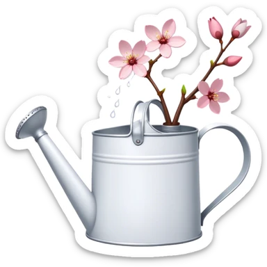 White garden watering can with a cherry blossom poured out sticker