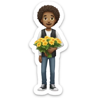 Skinny white man with curly hair holding flowers  sticker