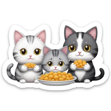 One black and white cat and two gray cats eating food sticker