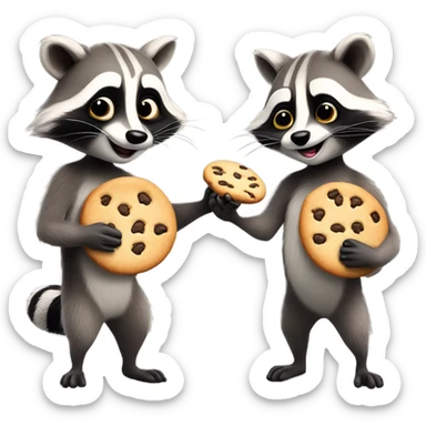 Two raccoons, one has a cookie and the other one does not have a cookie sticker