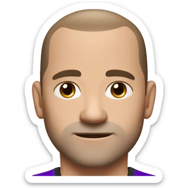 45-year-old man with a slightly round face, very short, almost shaved hair with a small central crest and a slightly receding hairline. He has blue eyes, subtle stubble, and wears a black and purple soccer jersey. sticker