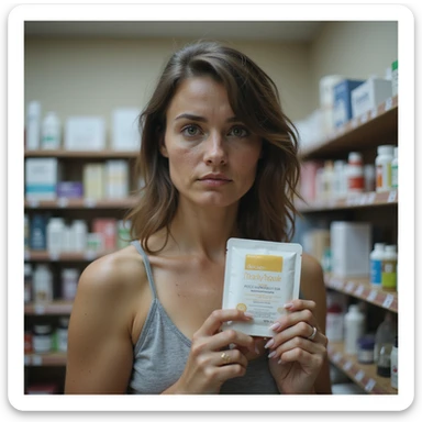 hyperrealistic 4K image of a woman with PCOS in a pharmacy holding a package of hair supplements, face with acne, very thinning hair, hopeful but worried look sticker