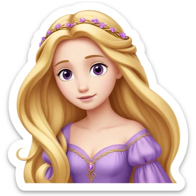 Cinematic Elegant Rapunzel Portrait Emoji, rendered in a realistic, vector-style with minimal shading and bold, simplified shapes. Depict Rapunzel (chest and above) with fair, porcelain skin, long, flowing golden hair cascading gracefully, and soft, gentle eyes, wearing her iconic light purple gown. The image glows with a soft, enchanting radiance and high shine, capturing timeless fairy-tale beauty. sticker