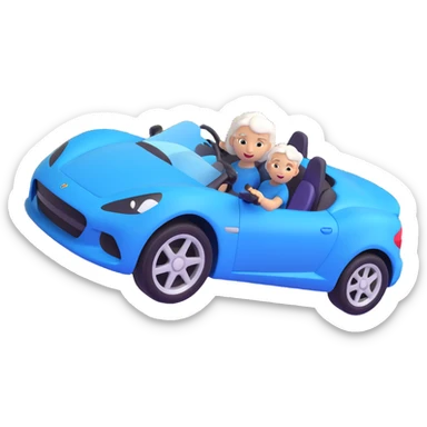 Make the entire image 30% more realistic, including the mother with white hair and the blue sports car, keep fast and furious vibe, dynamic motion effects, sporty 3D emoji style, no background. sticker