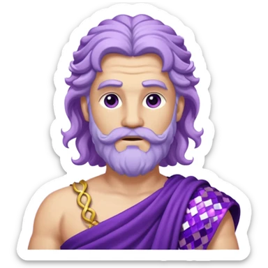 Zeus from Roman Deities with long lilac wavy hair, purple sequin toga sticker