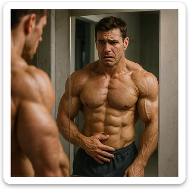 hyperrealistic muscular male bodybuilder with anxious and dissatisfied expression in front of a mirror, showing signs of vigorexia: obsessively checking his body, insecure and never satisfied with his muscles, realistic environment, natural lighting, detailed sticker