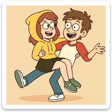 A man Raglan sleeves with Red t-shirts blue jeans white shoes carried by a cute a girl yellow hoodie black skirt green shoe  sticker