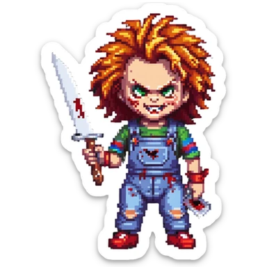 Chucky with wild hair, evil grin, holding a bloody knife sticker