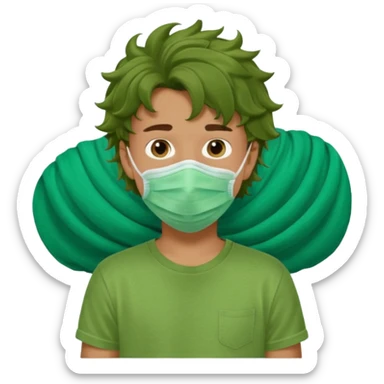 A teenage boy, tanned, wearing a green t-shirt , blue jeans and green sneakers with brown wavy tousled hair, , wearing a green cloth face mask sticker