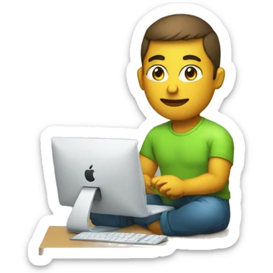 web developer in light green t-shirt sitting on apple computer sticker