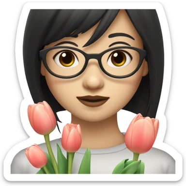 asian pale skin girl with long black shaking hair and bangs and glasses holding tulips sticker