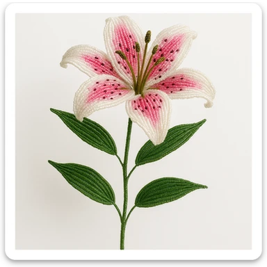 french beaded stargazer lily, handmade with glass beads, delicate wire stems, detailed pink and white petals, lush green leaves, artistic, isolated, no background sticker