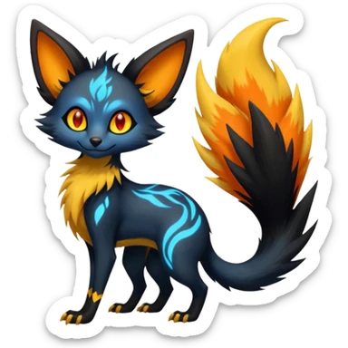 Lykoi-Fennekin-Electrike-Luxray-fusion-hybrid-animal-Fakémon-creature, full body, thin long sleek scaly tail, intricate markings sticker