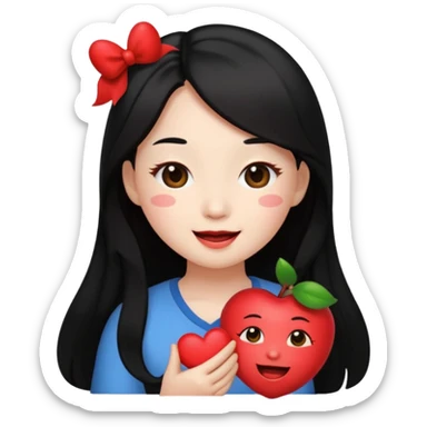 wonyoung as an apple-style emoji, winking, holding a heart, long hair sticker