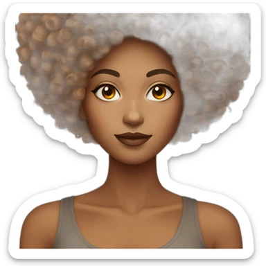 Light mixed-skinned woman natural makeup with an Afro orange  sticker