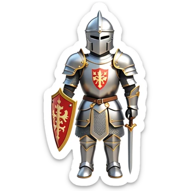 Clash of Clans aesthetic: Cinematic heroic Armored Knight Hero Emoji, rendered in a 3D vector-style similar to standard emojis with minimal shading and bold, simplified shapes. A compact, isometric warrior clad in gleaming plate armor with intricate heraldic details, softly glowing with a chivalrous medieval charm. Simplified yet unmistakably iconic, highly detailed and consistent, glowing with a soft radiant shine and high polish. Stylized with a touch of noble valor and a soft glowing outline, wearing a full face helm so that no face is visible with only eyes visible, capturing the essence of a gallant knight ready for honorable battle with a friendly, playful manner! sticker