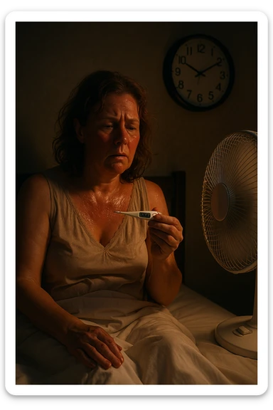 50-year-old woman sitting on bed at 3AM, nightgown soaked in sweat, face flushed as she holds thermometer showing 37.8°C, fan blowing directly on her sticker