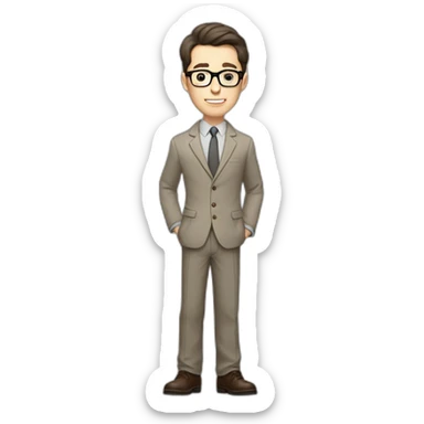 Full height Gesticulating Pale skinned fit man with dark brown hair in gray jacket, beige office shirt, brown tie, brown pants and vintage glasses. sticker