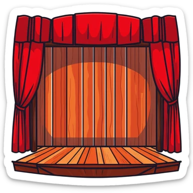 dramatic theater stage with red curtains drawn to sides, wooden planks, and bright spotlight in middle sticker