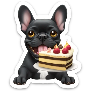 birthday of a black french bulldog eating cake sticker