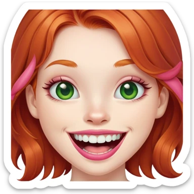 Young girl with pale skin, full pink lips smiling with big teeth, ginger red hair (not pink), big brown eyes with a hint of green, big mouth sticker