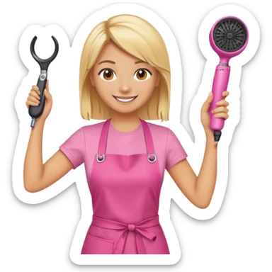 blonde female hairstylist smiling, pink t-shirt, orange apron, holding scissors and hairdryer with hands raised sticker