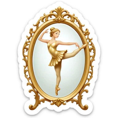 Cinematic Realistic Mirror, a large, ornate mirror reflecting a dancer’s poised silhouette, soft golden light creating depth, slight smudges on the glass adding realism, glowing with a timeless and artistic presence. sticker
