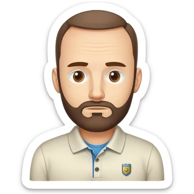 Gender: Male Hair: Receding hairline compensated by beard Face: Caffeine-twitching left eye Clothes: Wrinkled polo ("RPA Evangelist") Action: Debugging Python scripts for robotic workflows sticker