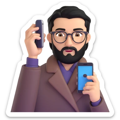 professional man with medium black beard, black hair combed to one side, connected unibrow, olive tan skin, brown eyes, glasses, prominent nose, wearing black coat, holding smartphone to ear in calling position, with subtle office background sticker