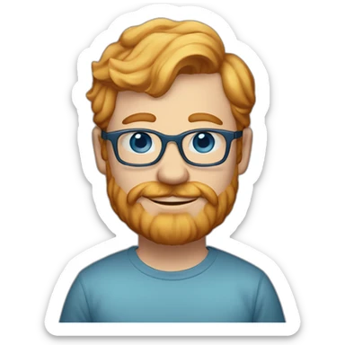 35 year old man with strawberry blond hair, clean shaved chin with moustasche, blue eyes and round tortoise-shell glasses sticker