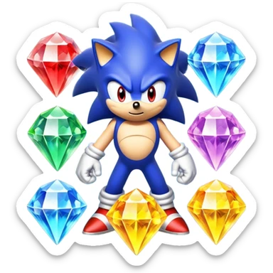 I want Sonic the hedgehog with the 7 chaos emeralds and the Goku aura transformation, where is the super Sonic aura Is a power 7 diamonds, red, blue, yellow, green, white, skyblue and purple, and Sonic changed color into yellow with the seven diamonds or chaos emeralds, and the spine is up sticker