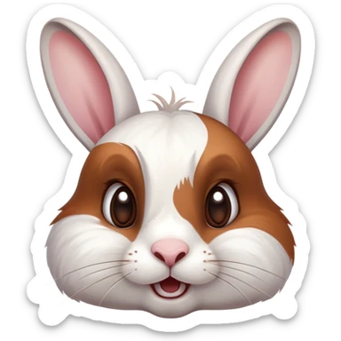 Cinematic Comical White and Brown Rabbit Portrait Emoji, Head tilted dramatically with an exaggeratedly amused expression, featuring a striking fur with a playful mix of white and brown patches, wide, expressive eyes filled with playful disbelief, Simplified yet hilariously expressive features, highly detailed, glowing with a slightly sassy glow, high shine, dramatic yet playful, stylized with an air of cheeky mischief, bright and endearing, soft glowing outline, capturing the essence of a spirited and over-the-top bunny, so meme-worthy it feels like it could side-eye its way into internet fame instantly! sticker