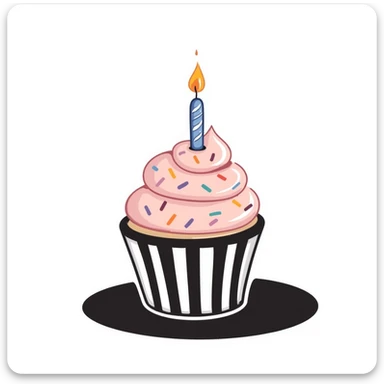 A single decorated birthday cupcake with swirled frosting, colorful sprinkles, and a lit candle on top. Using pastel colors (pink, light blue, lavender, peach). Hand-drawn doodle style with festive details. Cute celebratory design. sticker
