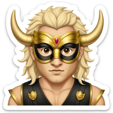 a man, with a vest,  wear half-face golden Buffalo masquerade mask sticker
