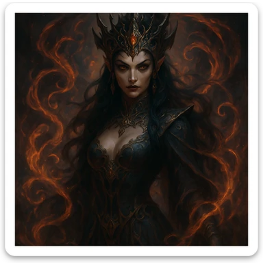 a beautiful but evil jinn queen, surrounded by swirling magic, sharp features, elaborate headdress, fantasy style sticker