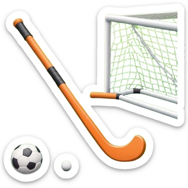 field hockey stick and ball on vibrant green grass field with goalposts sticker