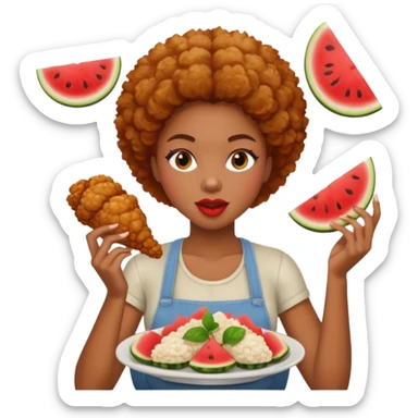 A black woman eating fried chicken and watermelon sticker