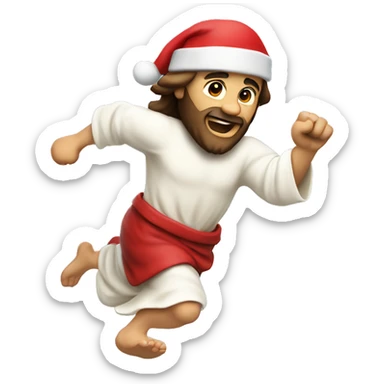Jesus sprinting, with a large stride and arms outstretched, santa hat sticker