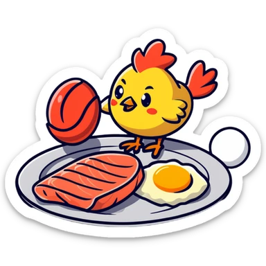 Cute sticker of a floating plate with a large chicken breast as the main focus, a red meat steak, smaller salmon fillet, and tiny egg, orbiting a DNA symbol, with energy flowing to a strong muscular cartoon figure sticker