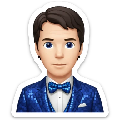 Benedict Cumberbatch with dark brown hair, indigo sequin suit with bow tie sticker