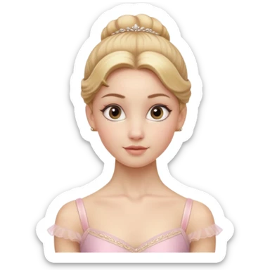 Cinematic Realistic Ballerina Portrait, depicted with lifelike skin texture, subtle rosy undertones, and soft natural lighting that enhances the gentle contours of her face. Her intricately detailed golden blonde hair is elegantly styled in an updo, sticker