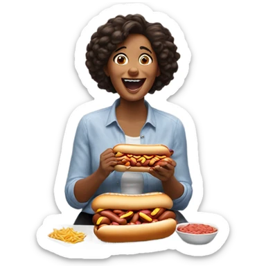 Woman eating a pile of hotdogs sticker