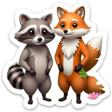Collage of a raccoon and a fox, in close-up, set in a beautiful forest with tall trees, green bushes, and sunlight filtering through the leaves and flowers. A vibrant, wild atmosphere with a transparent background. sticker