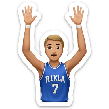 Maverick Trevillian in the crowd at an amateur basketball game. He leans towards the camera and enthusiastically shouts "six seven while performing a distinctive hand gesture: both hands open, palms facing upward, moving up and down as if weighing two options. sticker